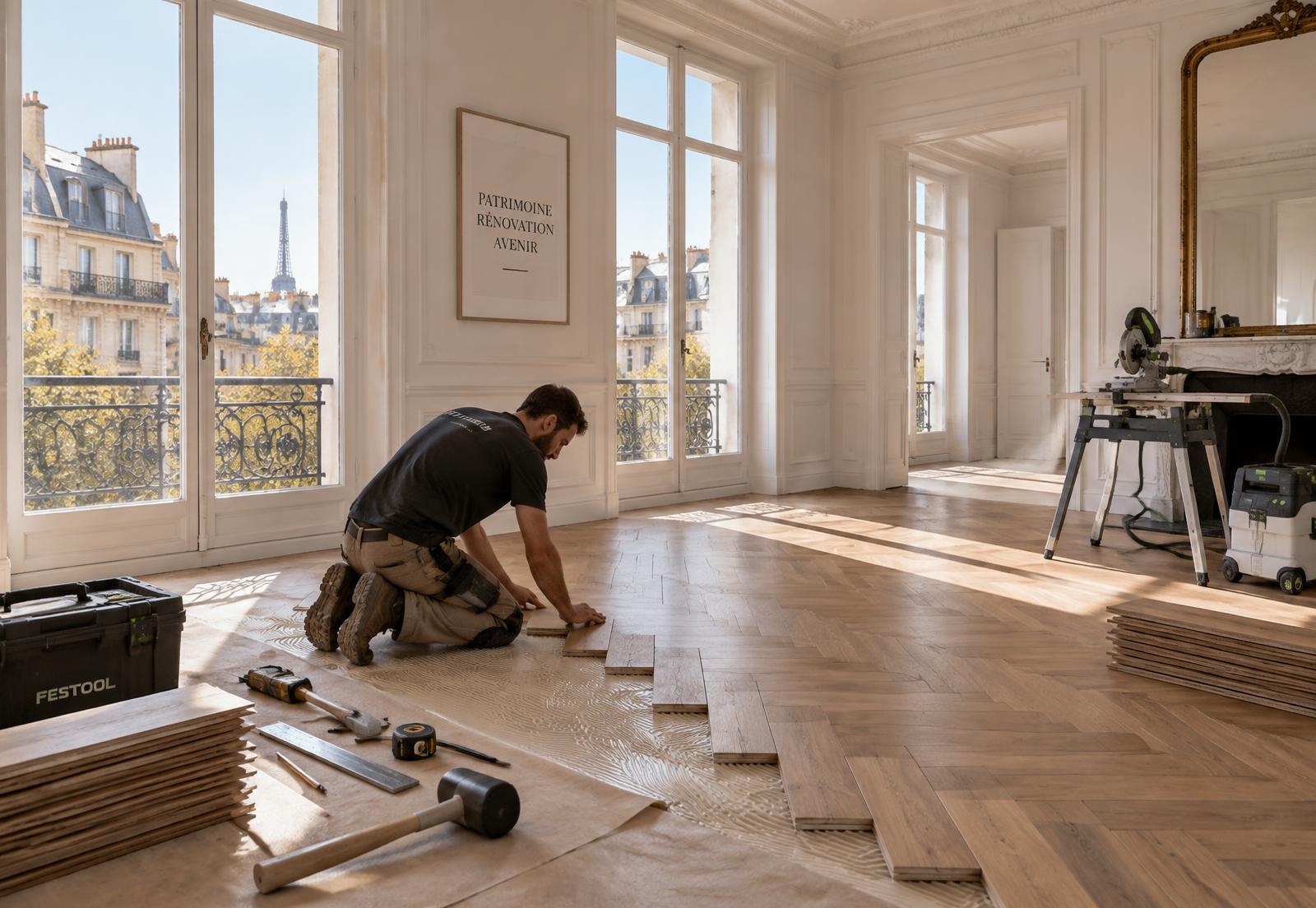 Artisan posant un parquet en point de Hongrie dans un appartement rénové en Île-de-France